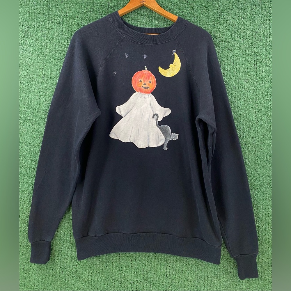 VTG 90’s Handmade Halloween Pumpkin Ghost Cat Appliqué Sweatshirt Women’s Large